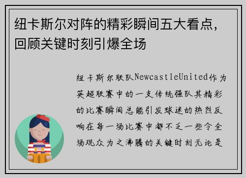 纽卡斯尔对阵的精彩瞬间五大看点，回顾关键时刻引爆全场