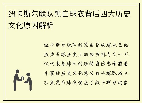 纽卡斯尔联队黑白球衣背后四大历史文化原因解析